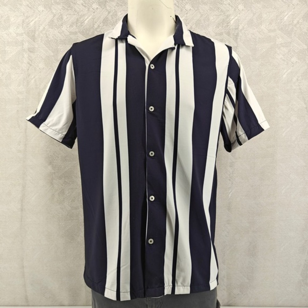 Porter‎ & Ash Kinetic Stretch Men L Navy White Vertical Stripe Button Down Shirt